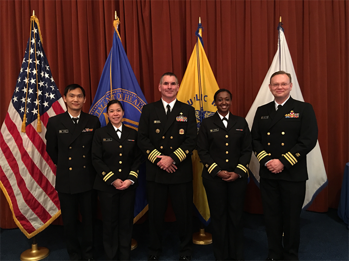 OBC Class 92 (Nov 2016) From left to right: CDR Eric Zhou, OBC Graduate LT Debra Chen, CAPT Martin Sanders, OBC Graduate LT Alesha Harris, and CDR Arlin Hatch